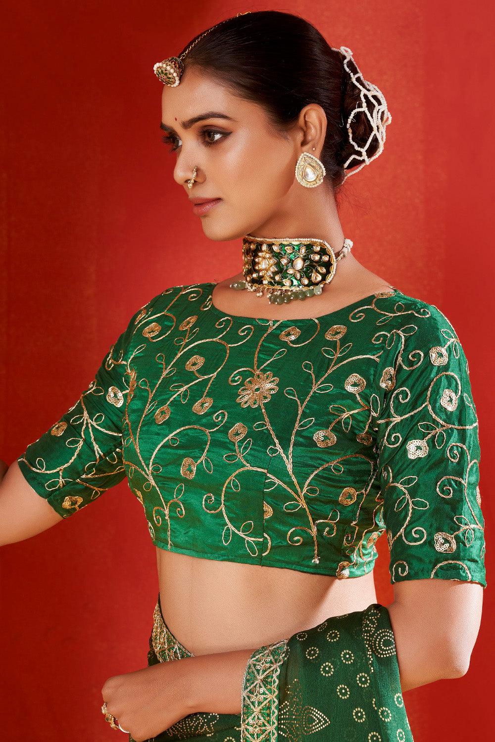 In-Sattva Classic Women's Handloom Tribal Moss Chiffon Saree; Imperial Green