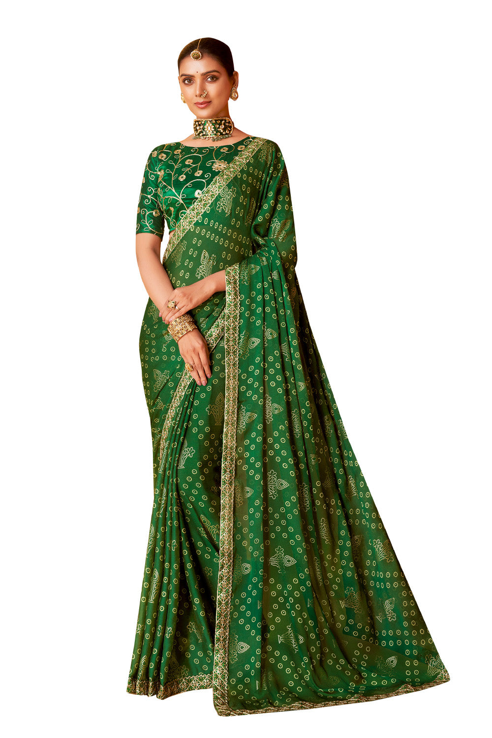In-Sattva Classic Women's Handloom Tribal Moss Chiffon Saree; Imperial Green