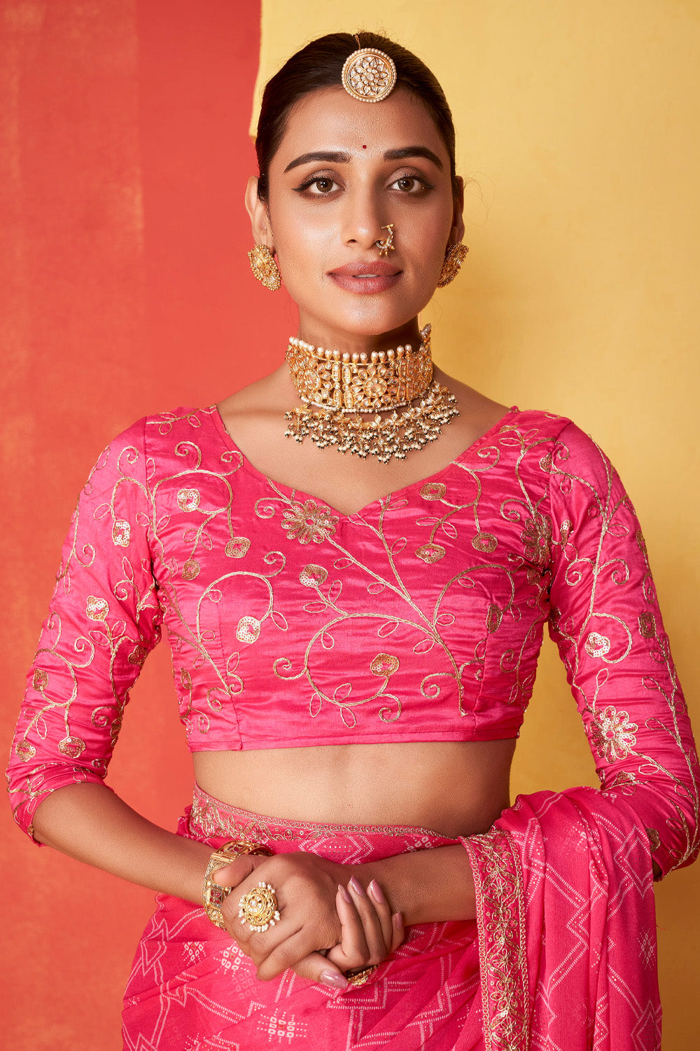 In-Sattva Classic Women's Handloom Tribal Moss Chiffon Saree; Blush Pink