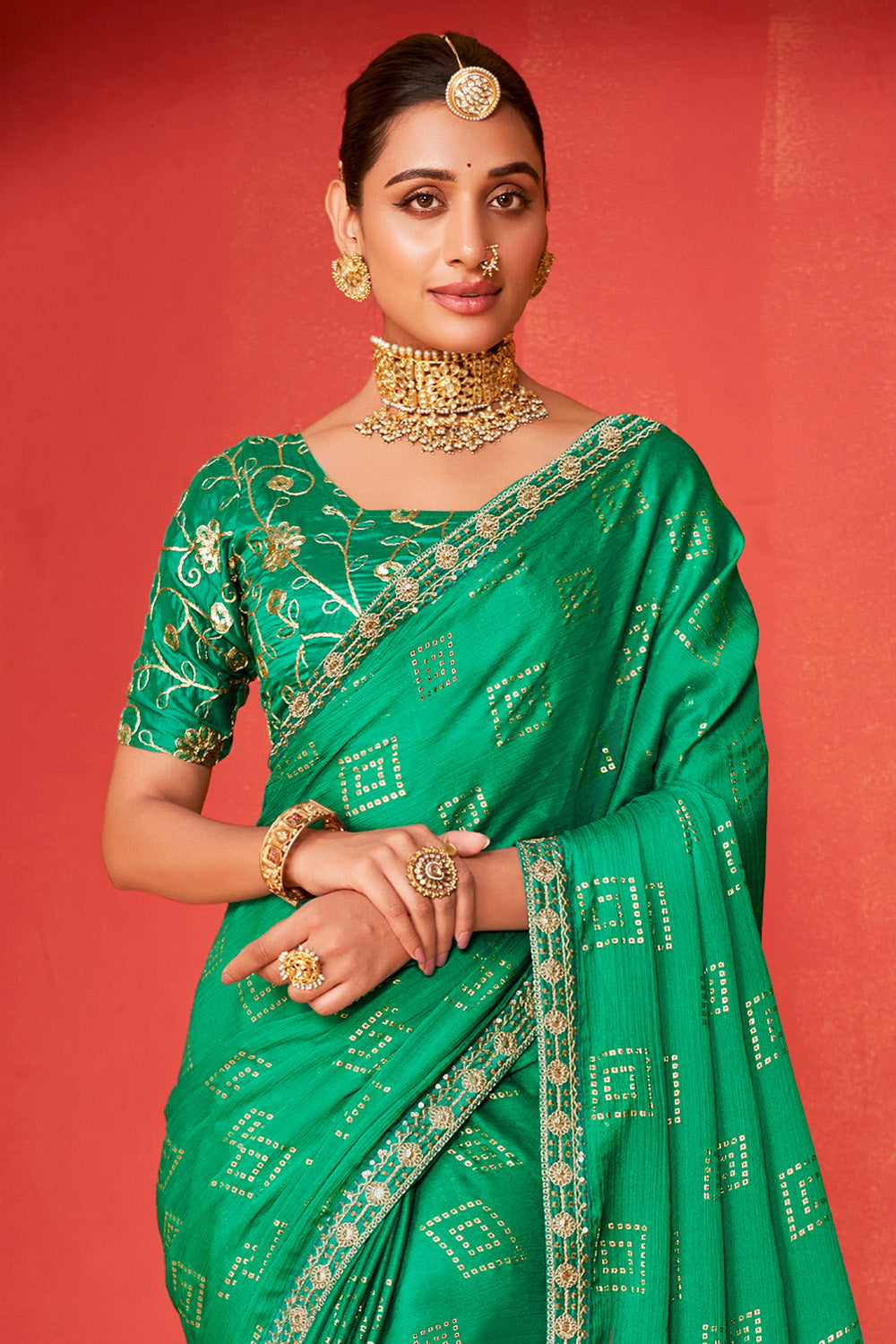 In-Sattva Classic Women's Handloom Tribal Moss Chiffon Saree; Spring Green