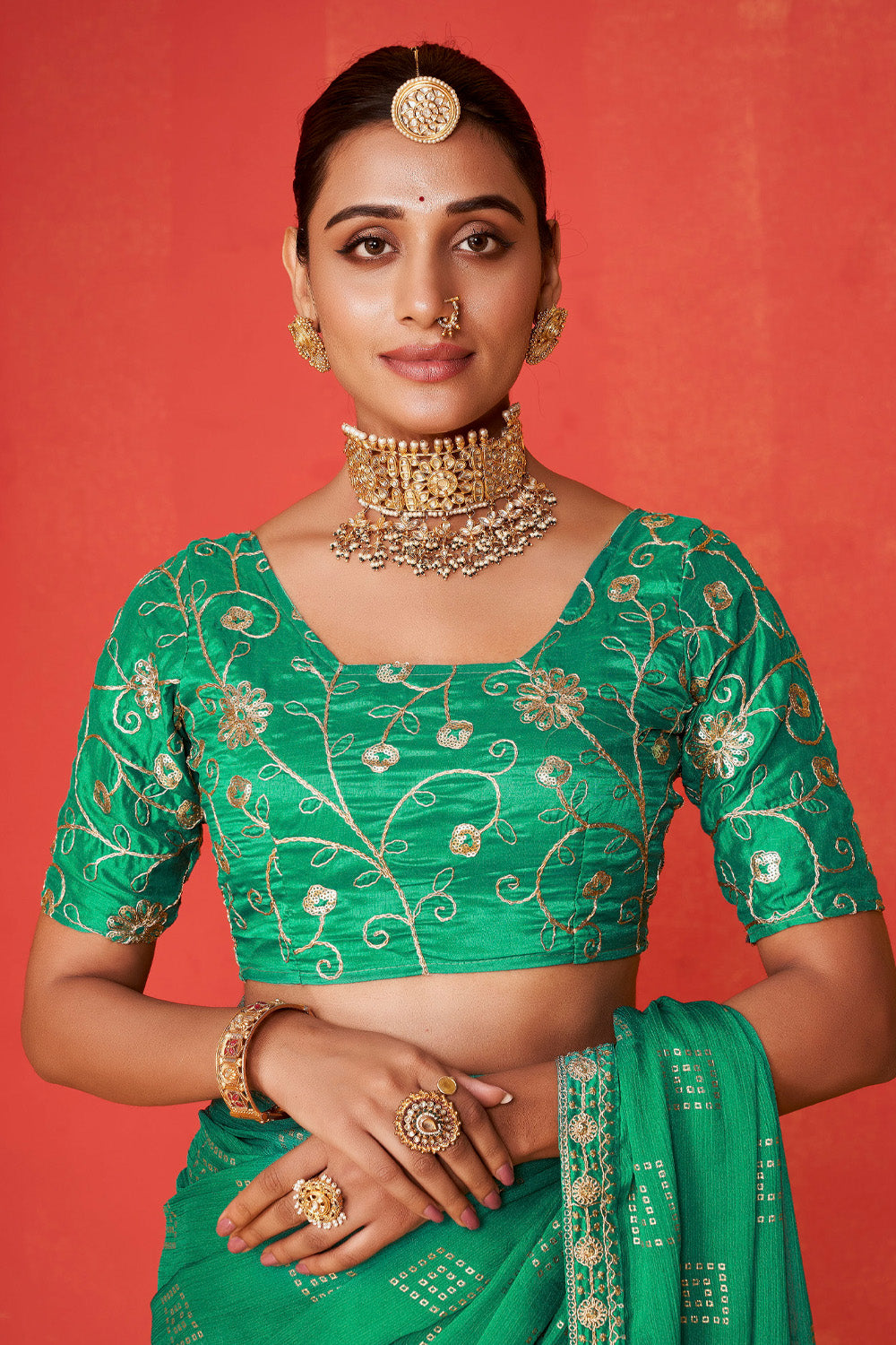 In-Sattva Classic Women's Handloom Tribal Moss Chiffon Saree; Spring Green