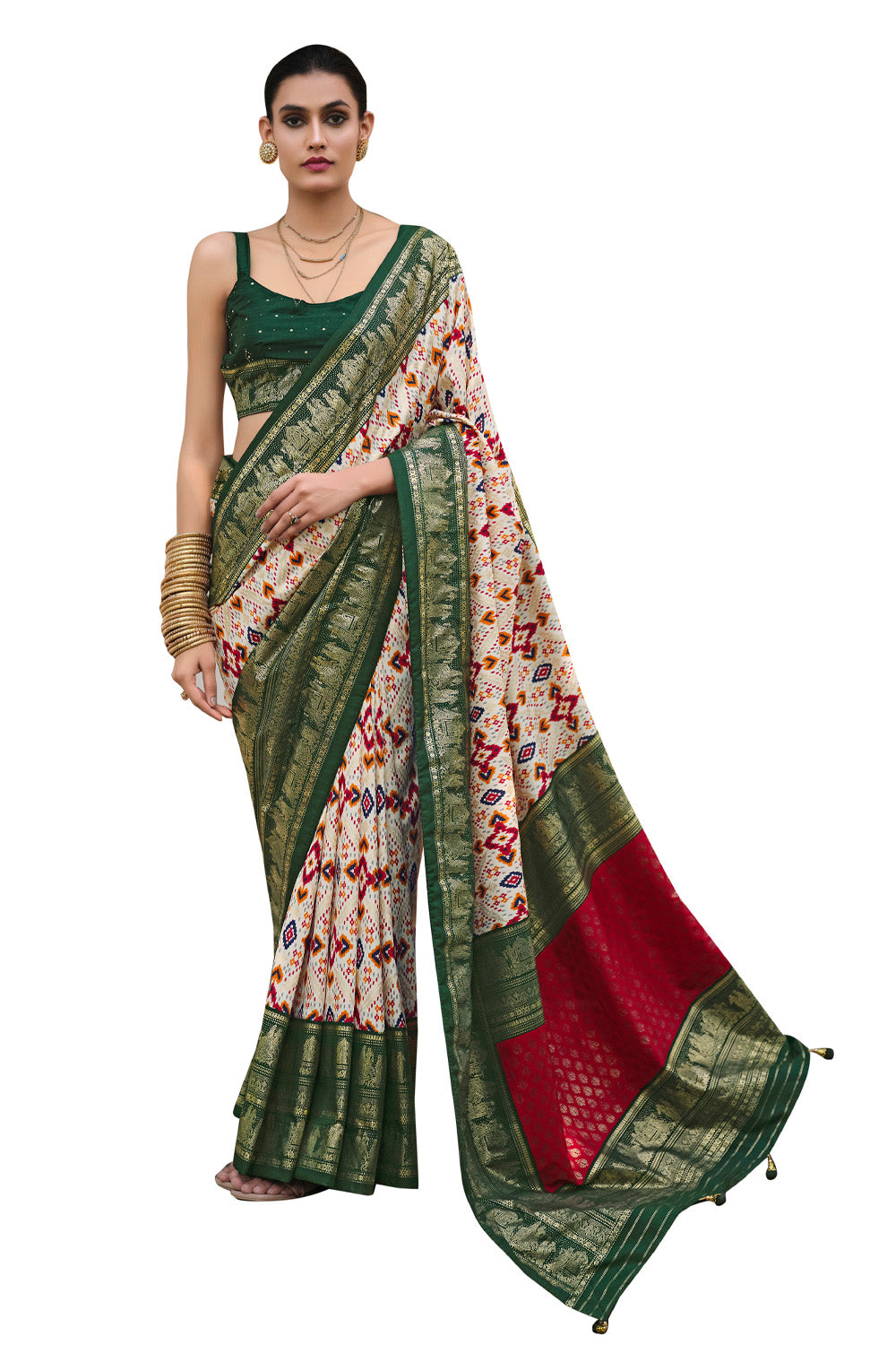 In-Sattva Women's Heritage Handloom Deluxe Tussar Silk Saree; Dark Green
