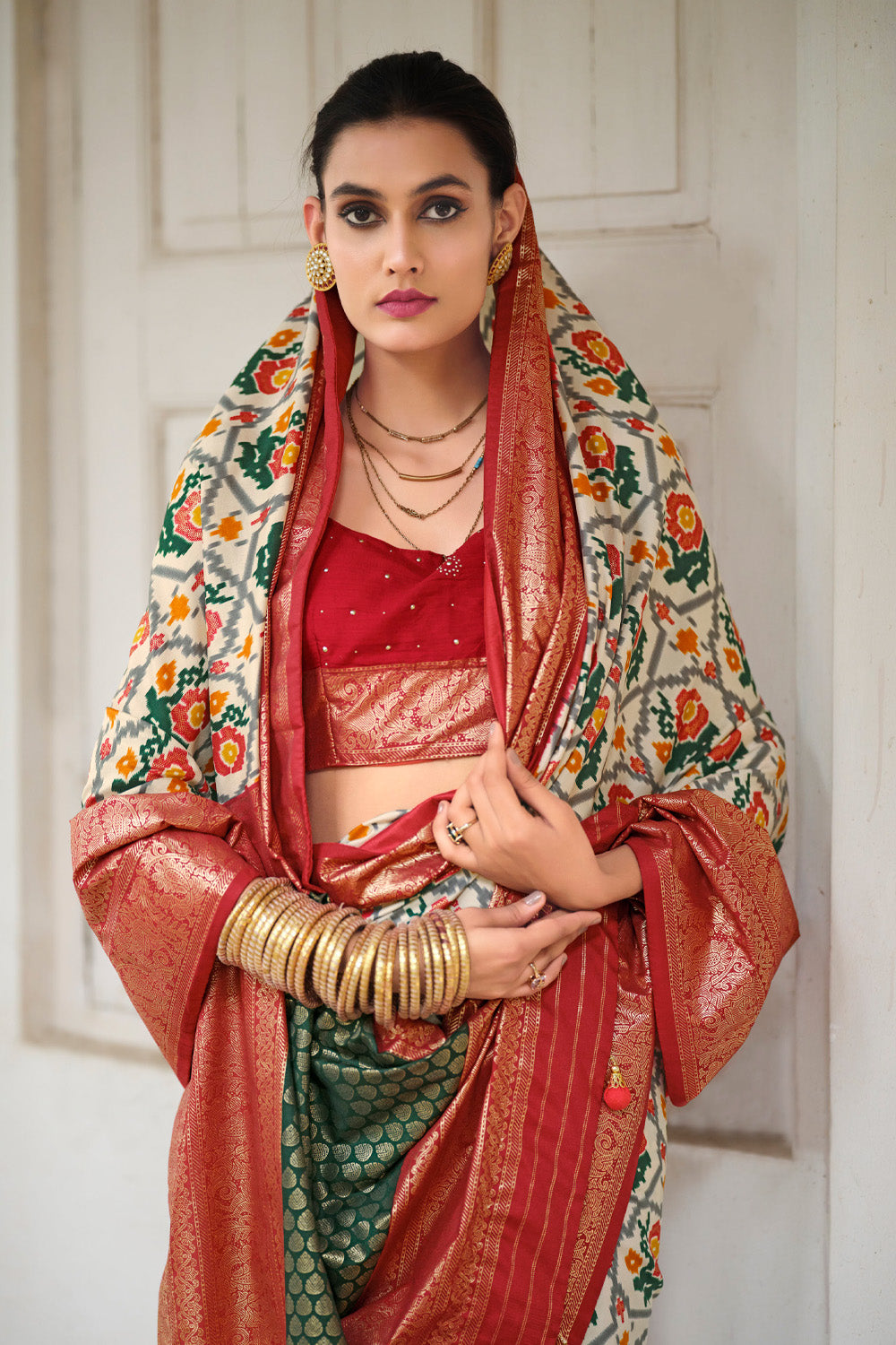 In-Sattva Women's Heritage Handloom Deluxe Tussar Silk Saree; Sangria Red