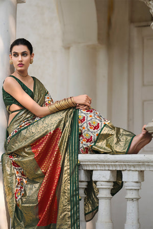 In-Sattva Women's Heritage Handloom Deluxe Tussar Silk Saree; Olive Green