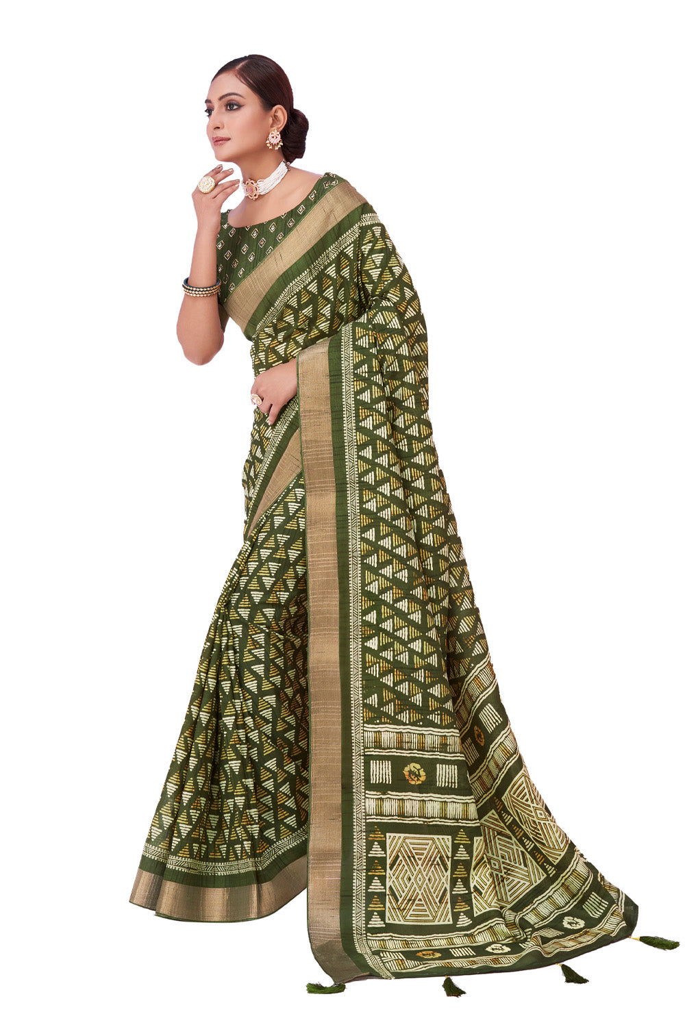 In-Sattva Women's Heritage Handloom Dola Silk Saree; Military Green