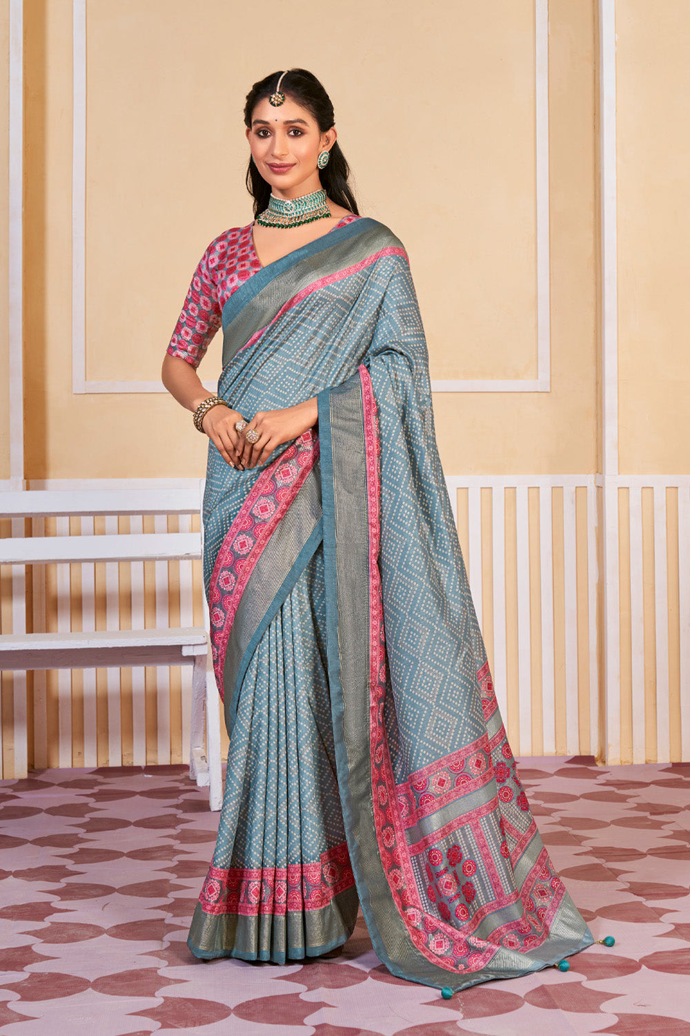 In-Sattva Women's Handloom Bandhni Tussar Silk Saree; Pastel Blue