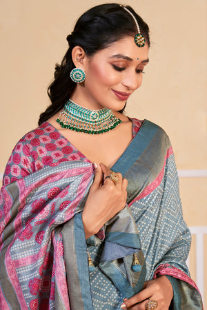 In-Sattva Women's Handloom Bandhni Tussar Silk Saree; Pastel Blue