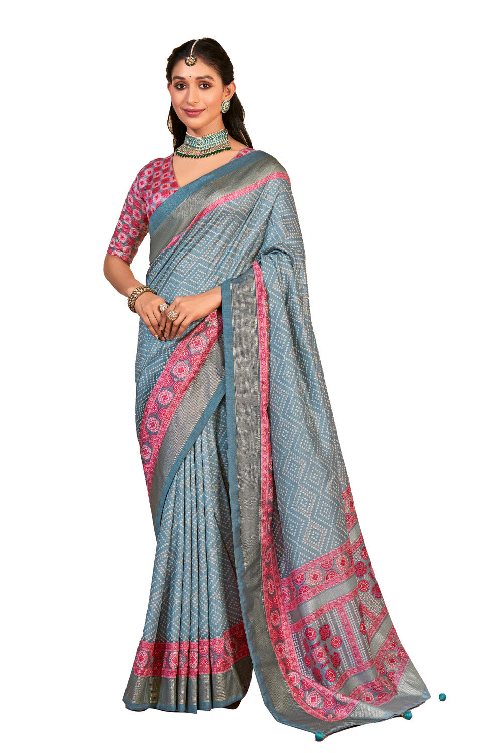 In-Sattva Women's Handloom Bandhni Tussar Silk Saree; Pastel Blue
