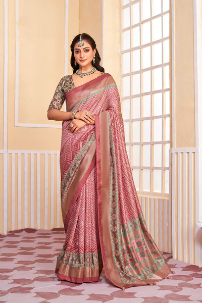 In-Sattva Women's Handloom Bandhni Tussar Silk Saree; Rosy Pink