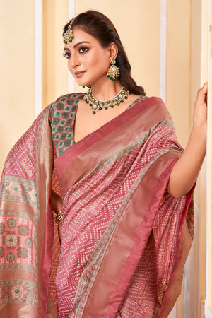 In-Sattva Women's Handloom Bandhni Tussar Silk Saree; Rosy Pink