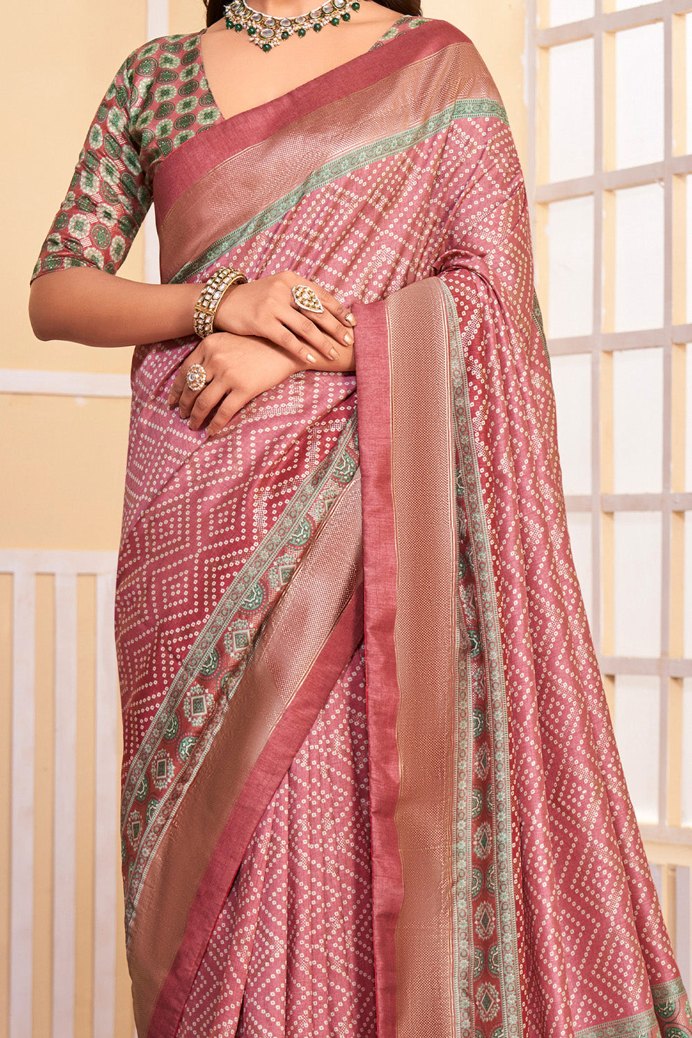 In-Sattva Women's Handloom Bandhni Tussar Silk Saree; Rosy Pink