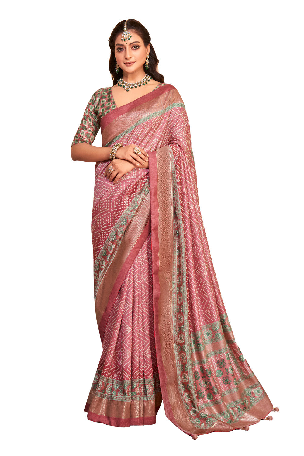 In-Sattva Women's Handloom Bandhni Tussar Silk Saree; Rosy Pink