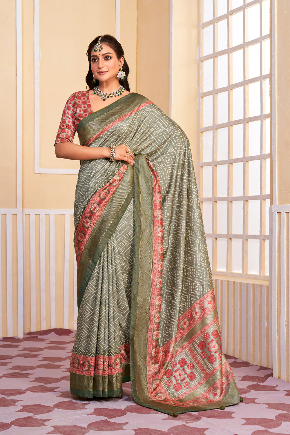 In-Sattva Women's Handloom Bandhni Tussar Silk Saree; Khaki Green