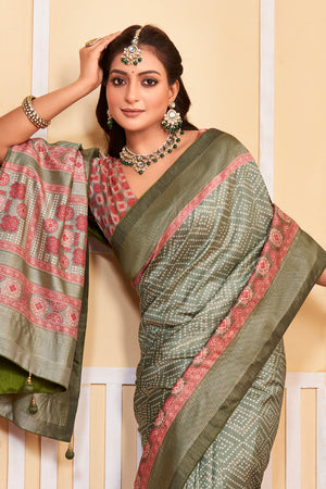 In-Sattva Women's Handloom Bandhni Tussar Silk Saree; Khaki Green
