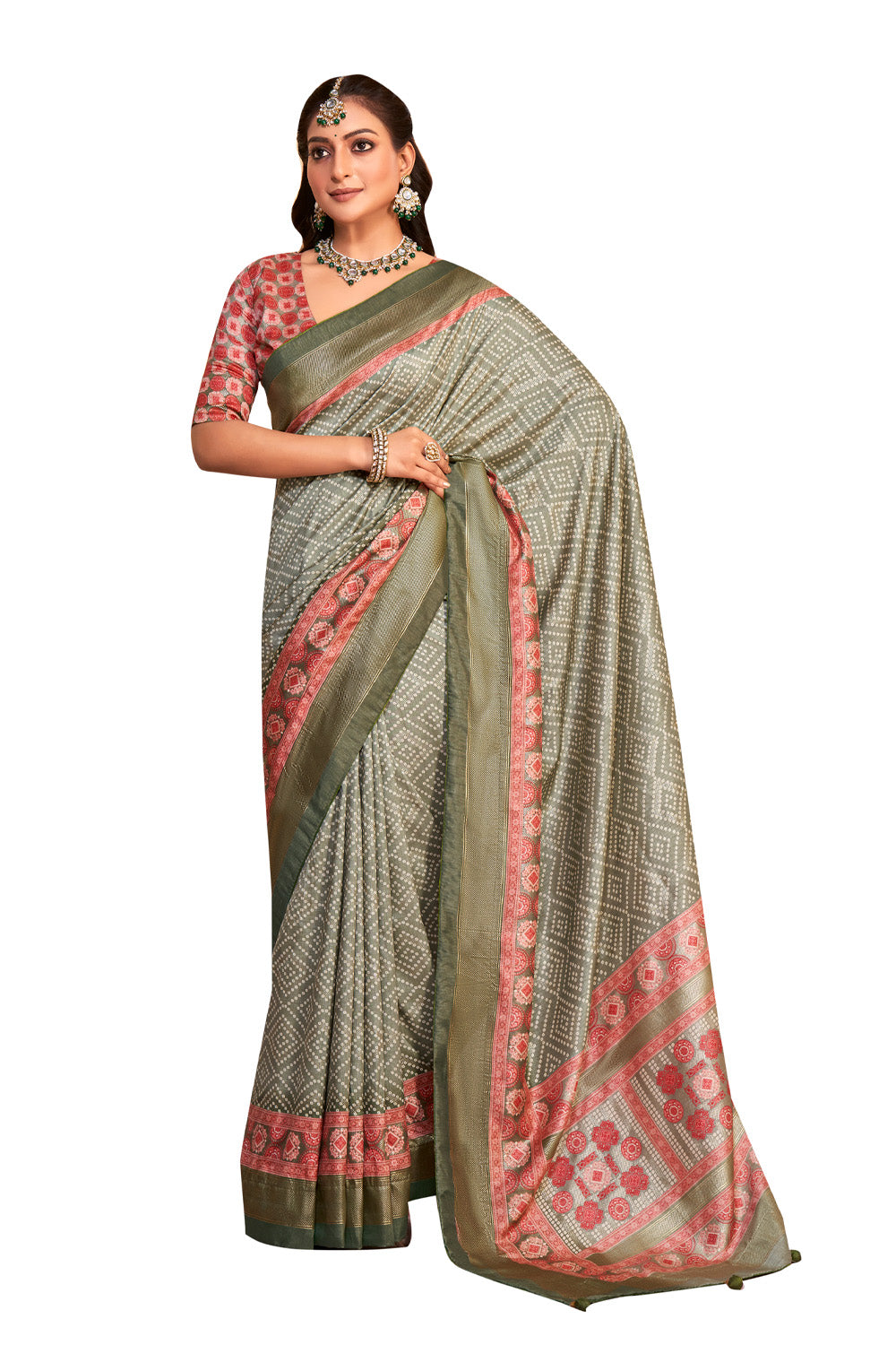 In-Sattva Women's Handloom Bandhni Tussar Silk Saree; Khaki Green
