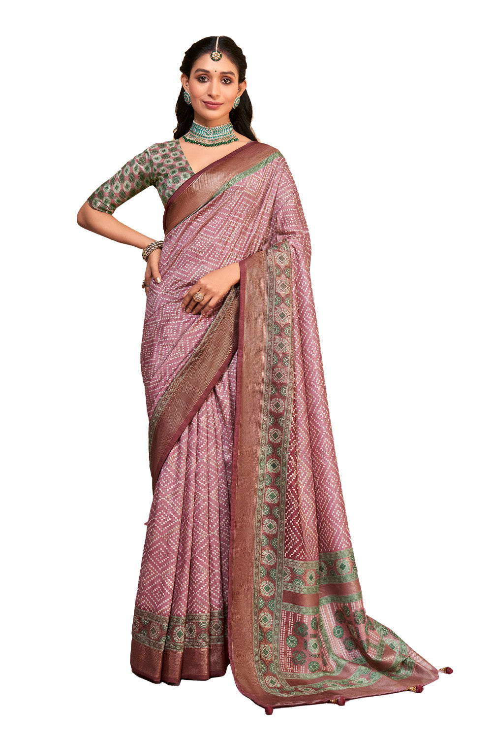 In-Sattva Women's Handloom Bandhni Tussar Silk Saree; Cherry Pink