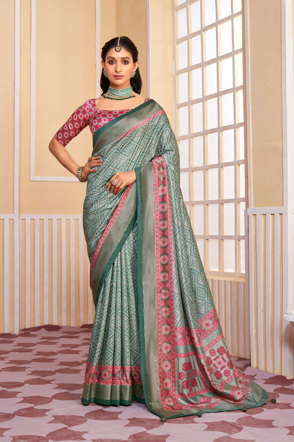 In-Sattva Women's Handloom Bandhni Tussar Silk Saree; Aqua Green