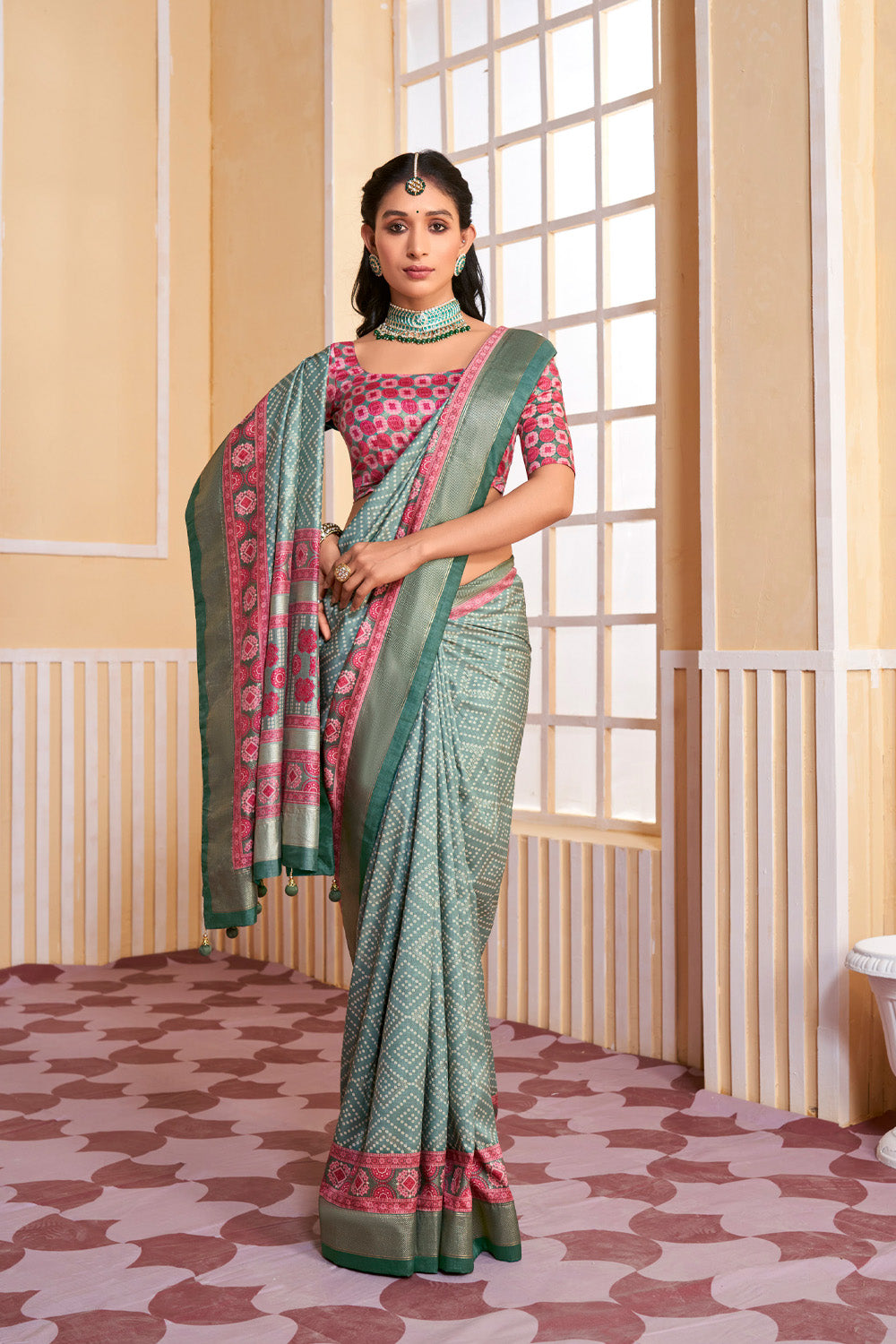 In-Sattva Women's Handloom Bandhni Tussar Silk Saree; Aqua Green