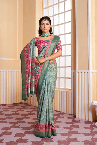 In-Sattva Women's Handloom Bandhni Tussar Silk Saree; Aqua Green