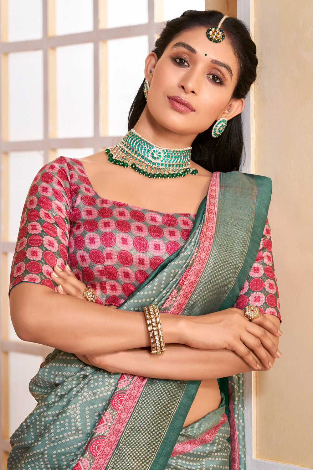 In-Sattva Women's Handloom Bandhni Tussar Silk Saree; Aqua Green
