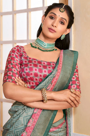 In-Sattva Women's Handloom Bandhni Tussar Silk Saree; Aqua Green