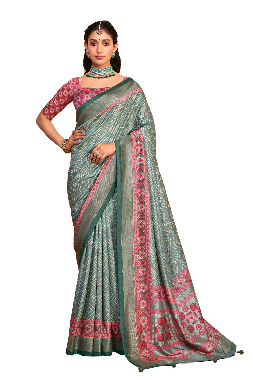 In-Sattva Women's Handloom Bandhni Tussar Silk Saree; Aqua Green