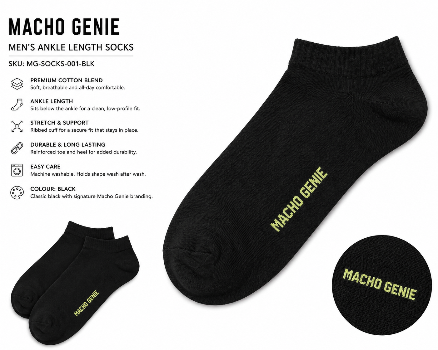 Macho Genie Men’s Black Ankle Length Socks