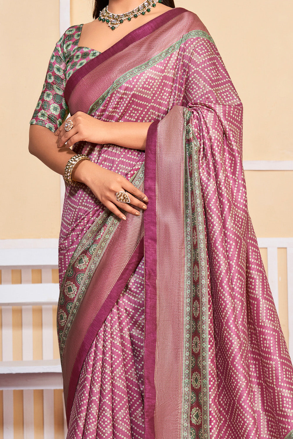 In-Sattva Women's Handloom Bandhni Tussar Silk Saree; Tulip Lavender
