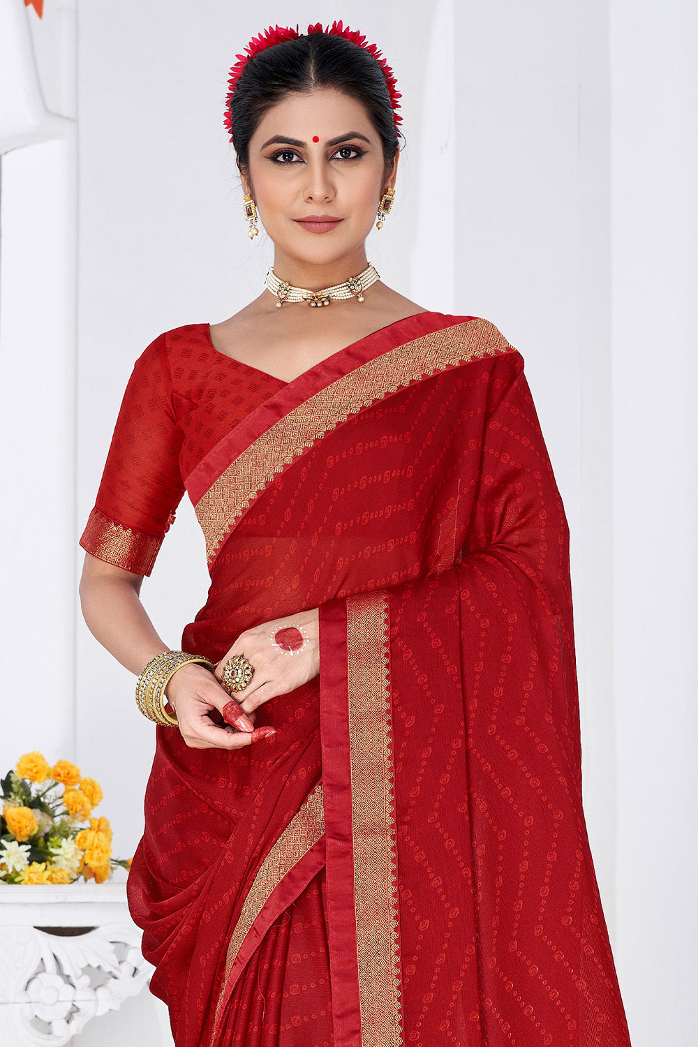 In-Sattva Women's Heritage Moss Chiffon Polka Dot Saree; Crimson Red