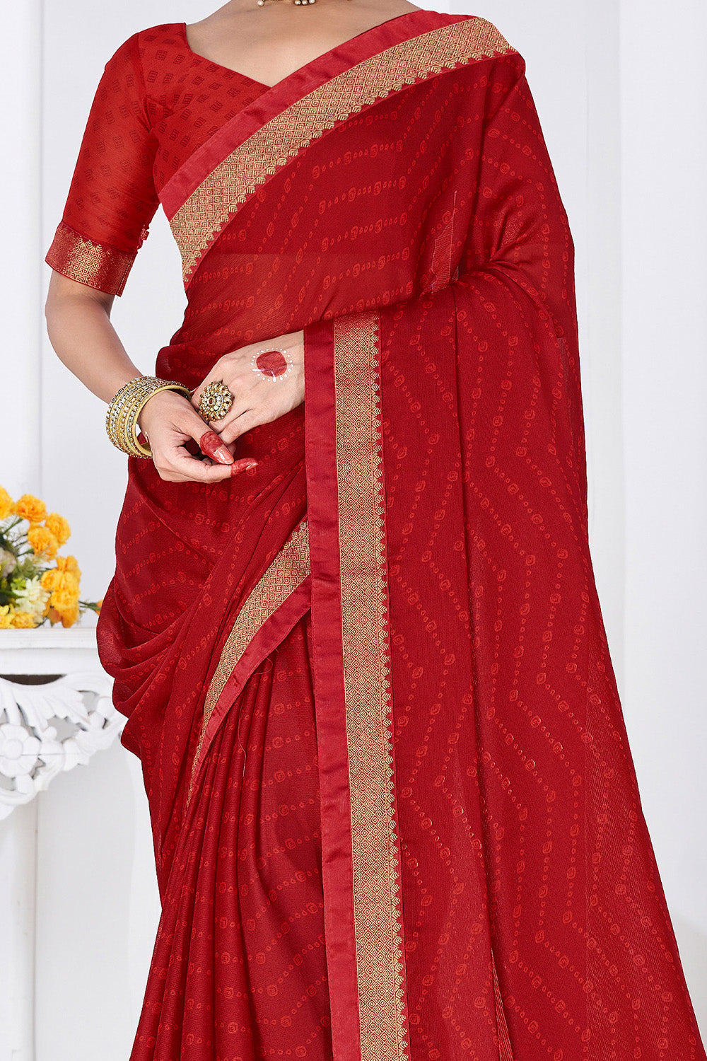 In-Sattva Women's Heritage Moss Chiffon Polka Dot Saree; Crimson Red