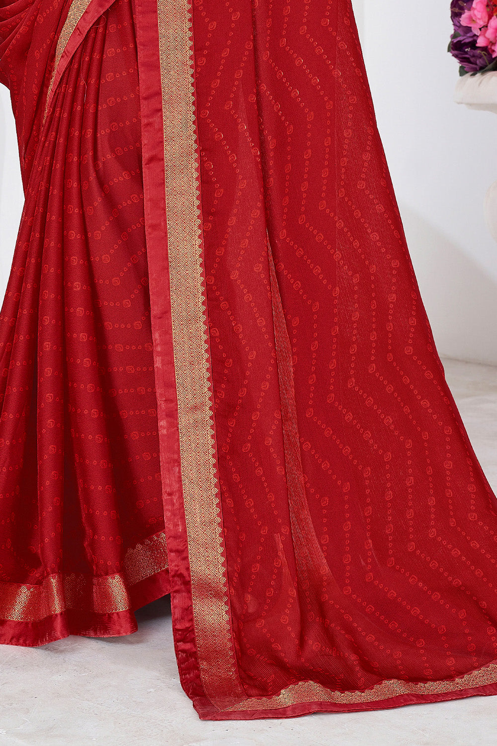 In-Sattva Women's Heritage Moss Chiffon Polka Dot Saree; Crimson Red