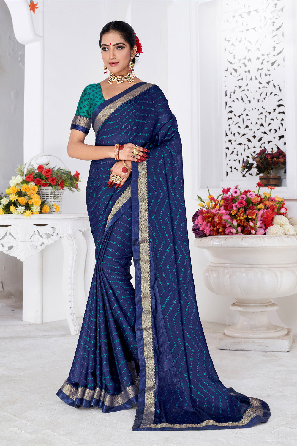 In-Sattva Women's Heritage Moss Chiffon Polka Dot Saree; Cobalt Blue