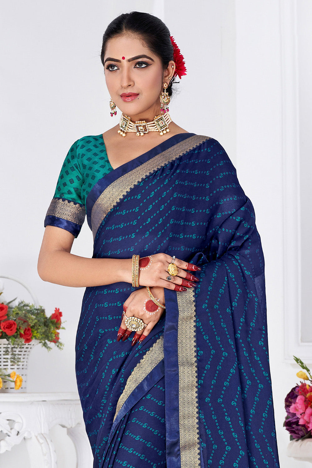 In-Sattva Women's Heritage Moss Chiffon Polka Dot Saree; Cobalt Blue