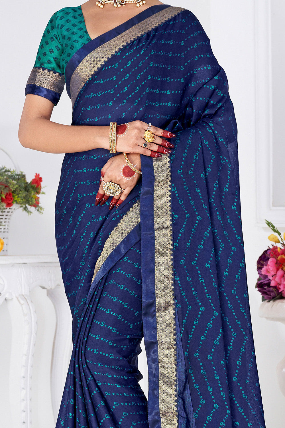 In-Sattva Women's Heritage Moss Chiffon Polka Dot Saree; Cobalt Blue