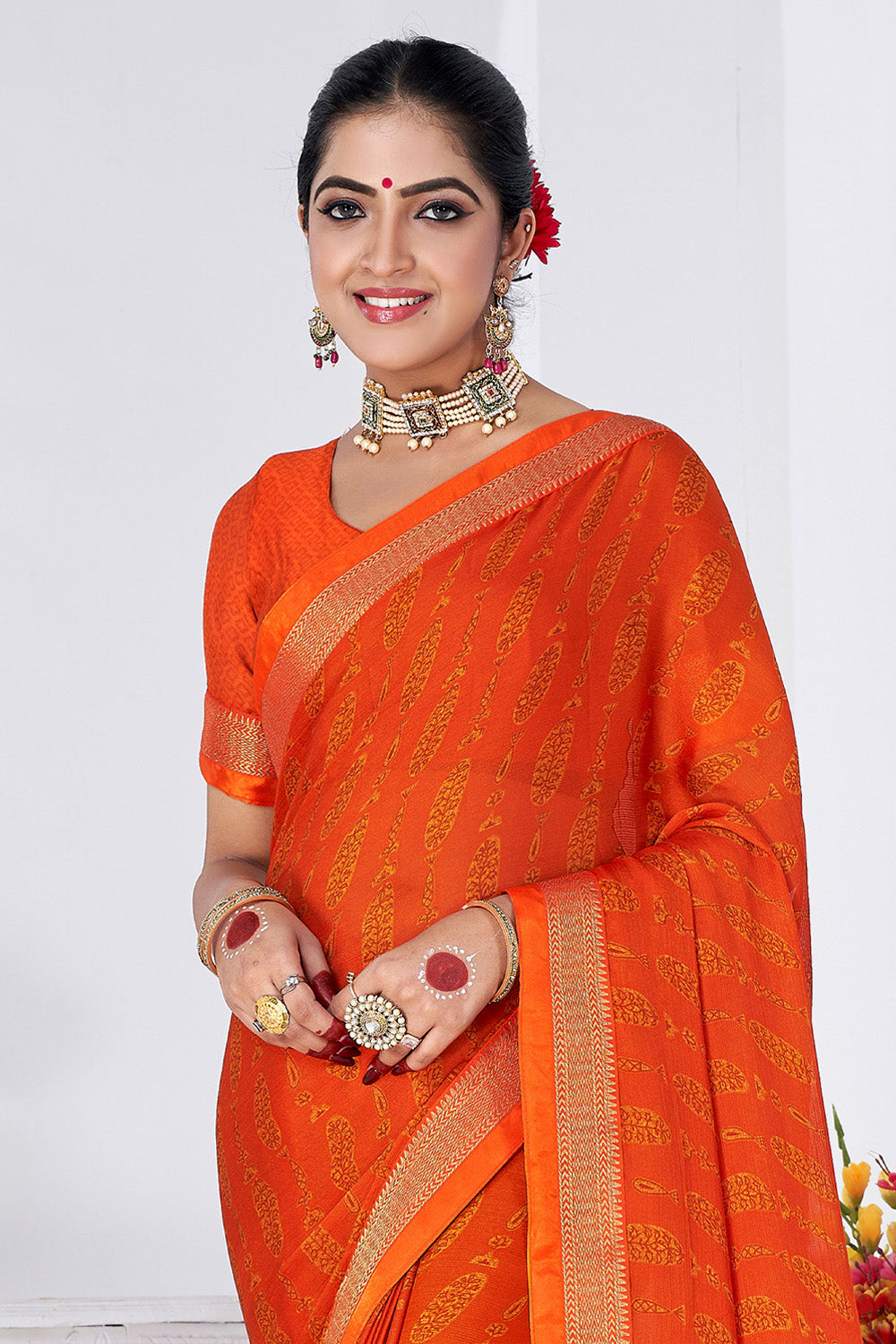 In-Sattva Women's Heritage Moss Chiffon Polka Dot Saree; Tangerine Orange