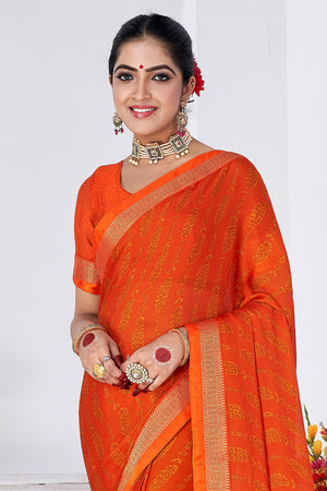 In-Sattva Women's Heritage Moss Chiffon Polka Dot Saree; Tangerine Orange