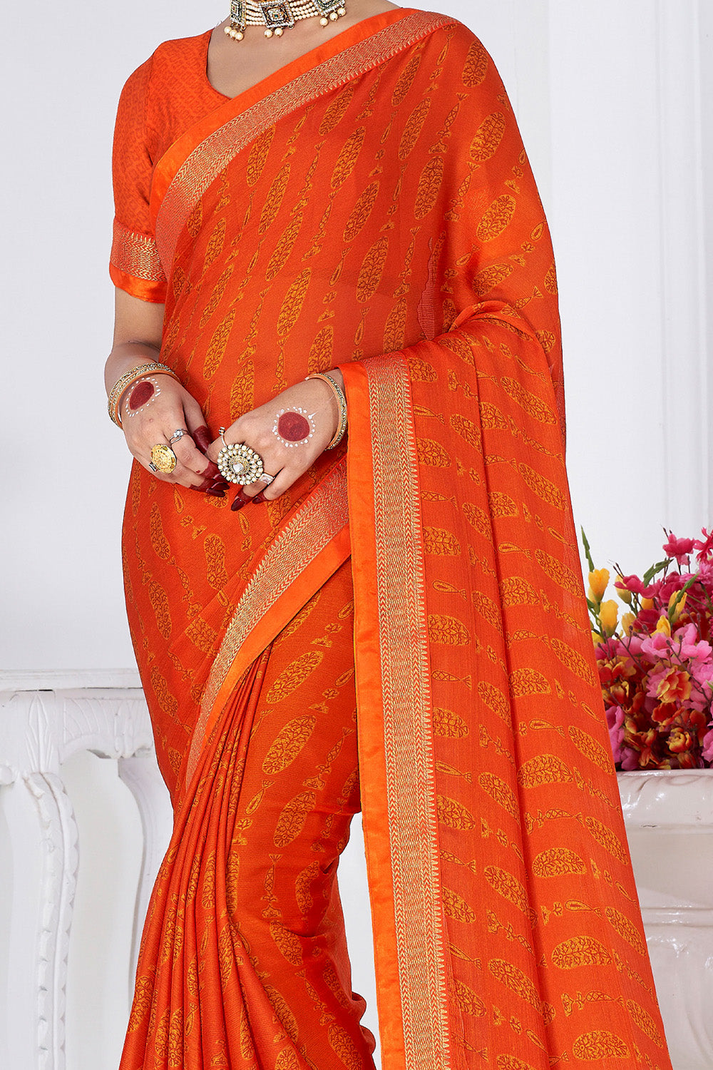 In-Sattva Women's Heritage Moss Chiffon Polka Dot Saree; Tangerine Orange