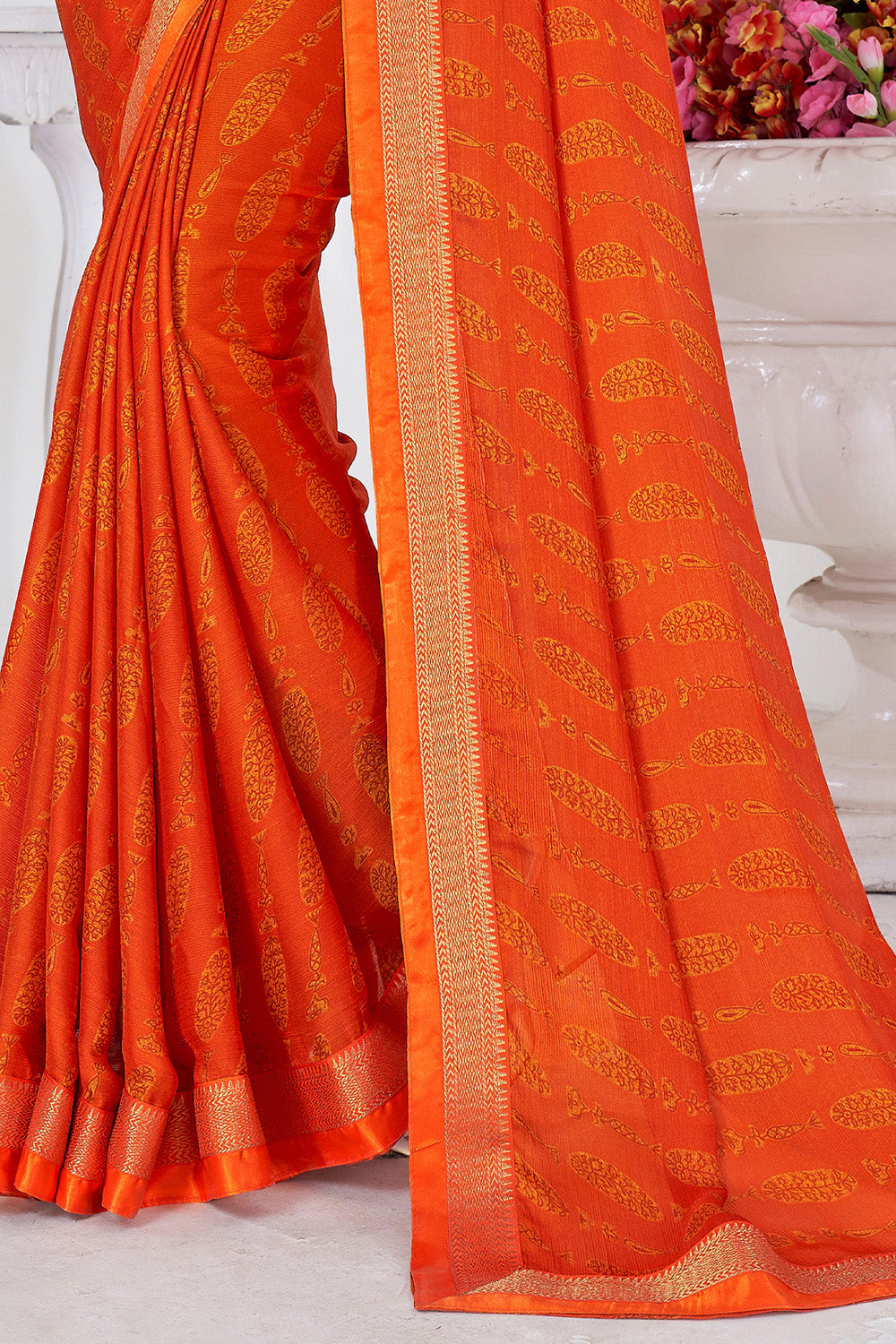 In-Sattva Women's Heritage Moss Chiffon Polka Dot Saree; Tangerine Orange