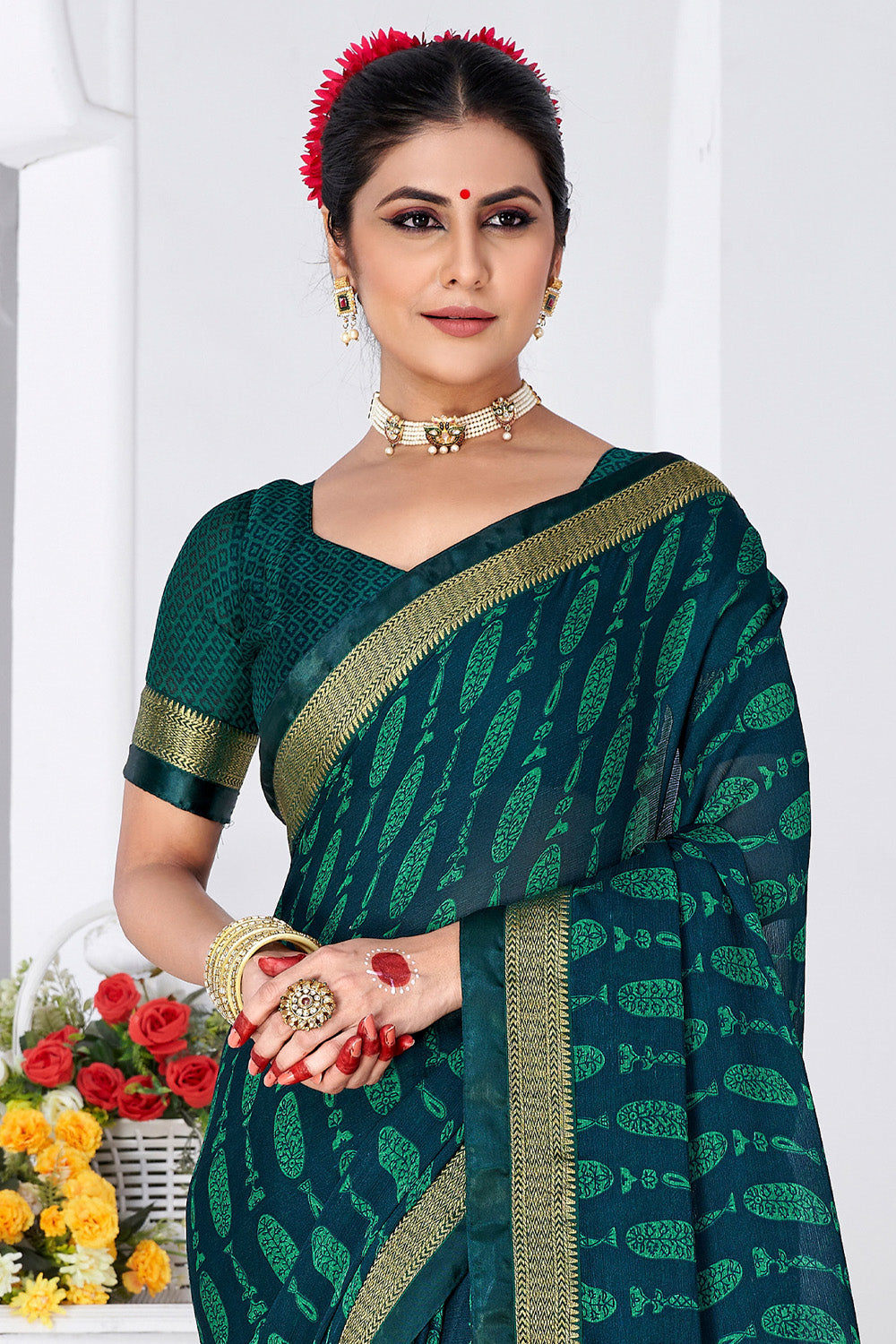 In-Sattva Women's Heritage Moss Chiffon Polka Dot Saree; Teal Green