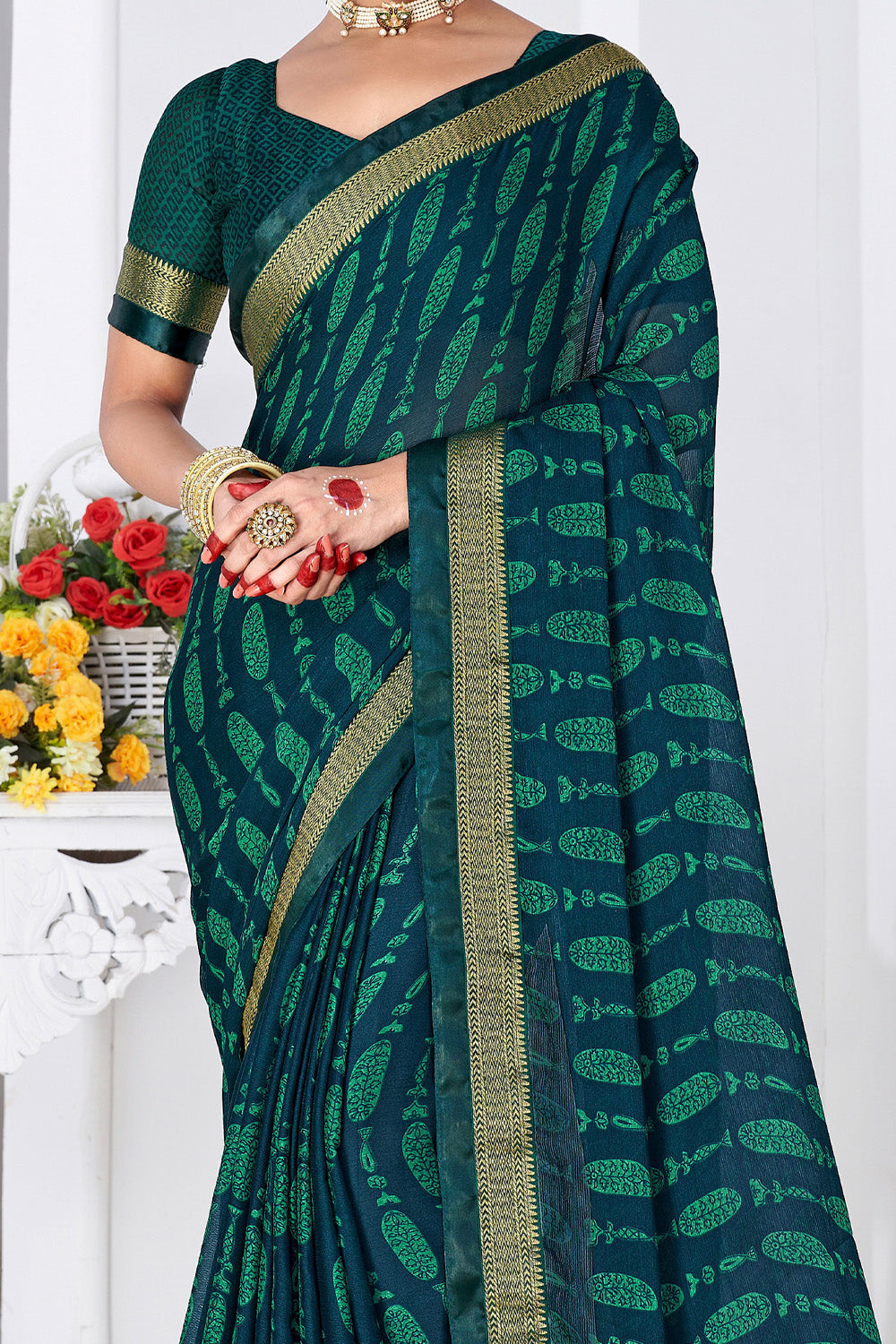 In-Sattva Women's Heritage Moss Chiffon Polka Dot Saree; Teal Green