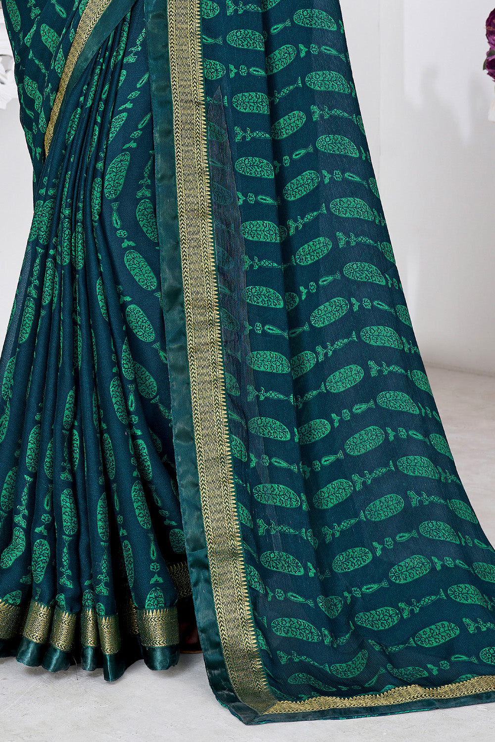 In-Sattva Women's Heritage Moss Chiffon Polka Dot Saree; Teal Green