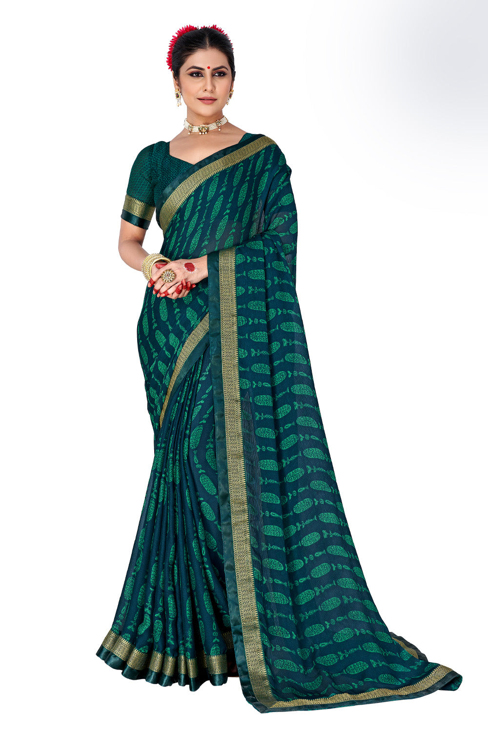 In-Sattva Women's Heritage Moss Chiffon Polka Dot Saree; Teal Green