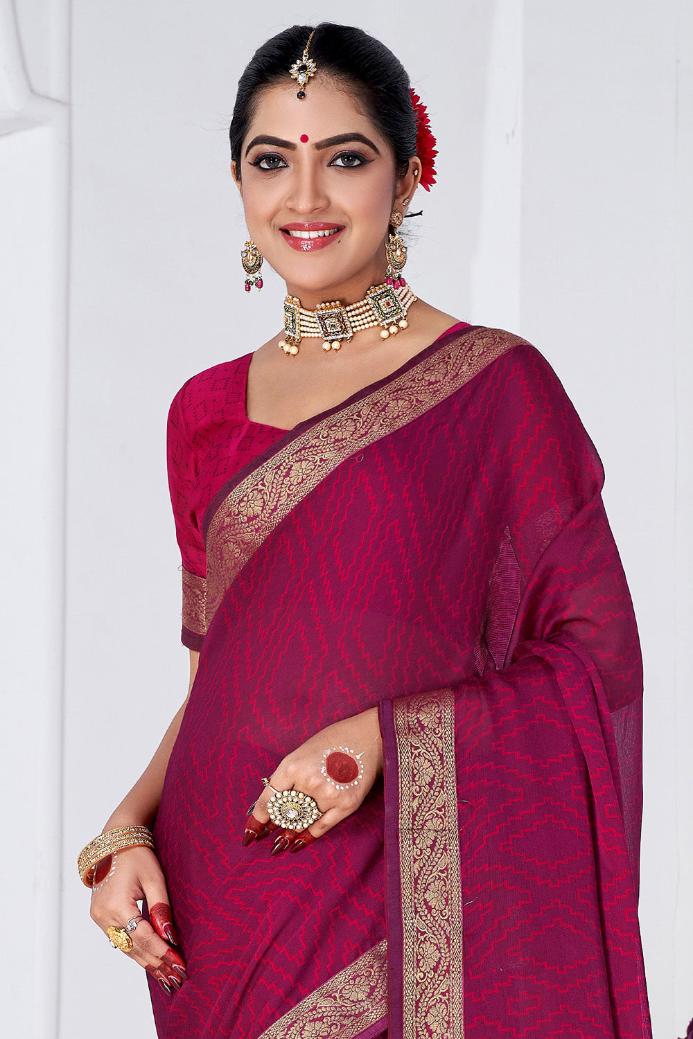 In-Sattva Women's Heritage Moss Chiffon Polka Dot Saree; Rouge Pink
