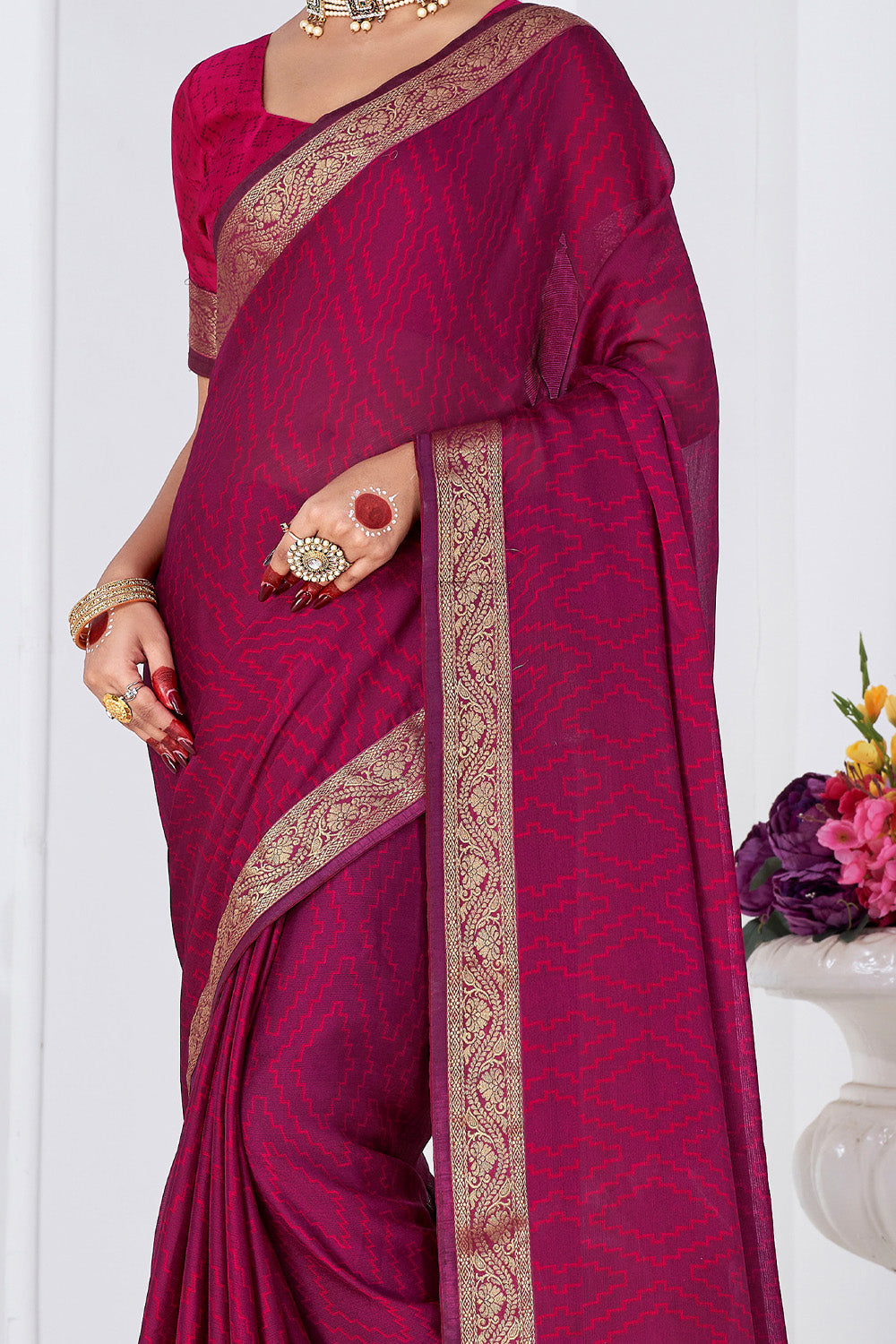 In-Sattva Women's Heritage Moss Chiffon Polka Dot Saree; Rouge Pink
