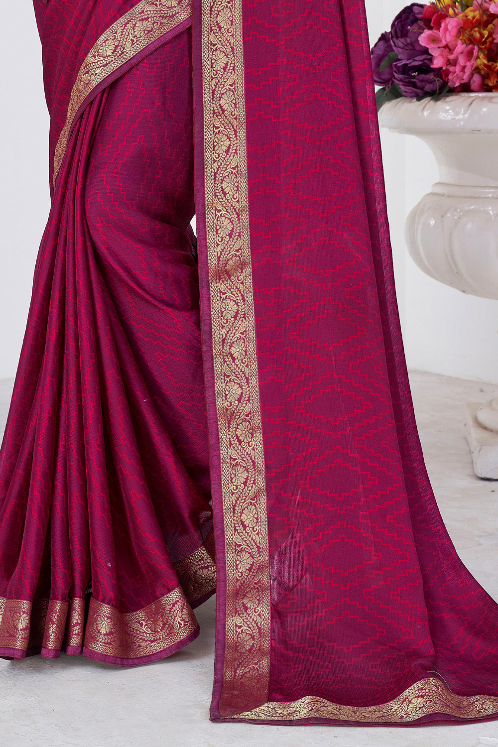 In-Sattva Women's Heritage Moss Chiffon Polka Dot Saree; Rouge Pink