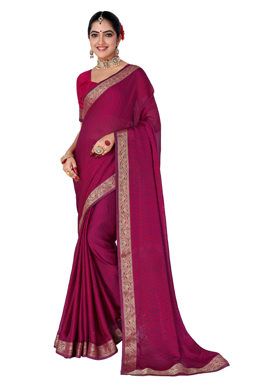In-Sattva Women's Heritage Moss Chiffon Polka Dot Saree; Rouge Pink
