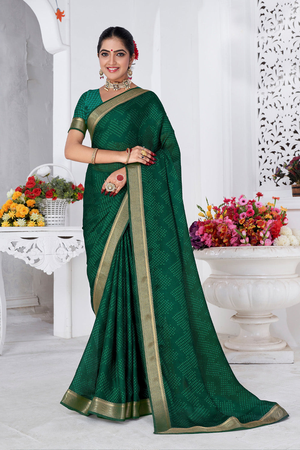 In-Sattva Women's Heritage Moss Chiffon Polka Dot Saree; Moss Green