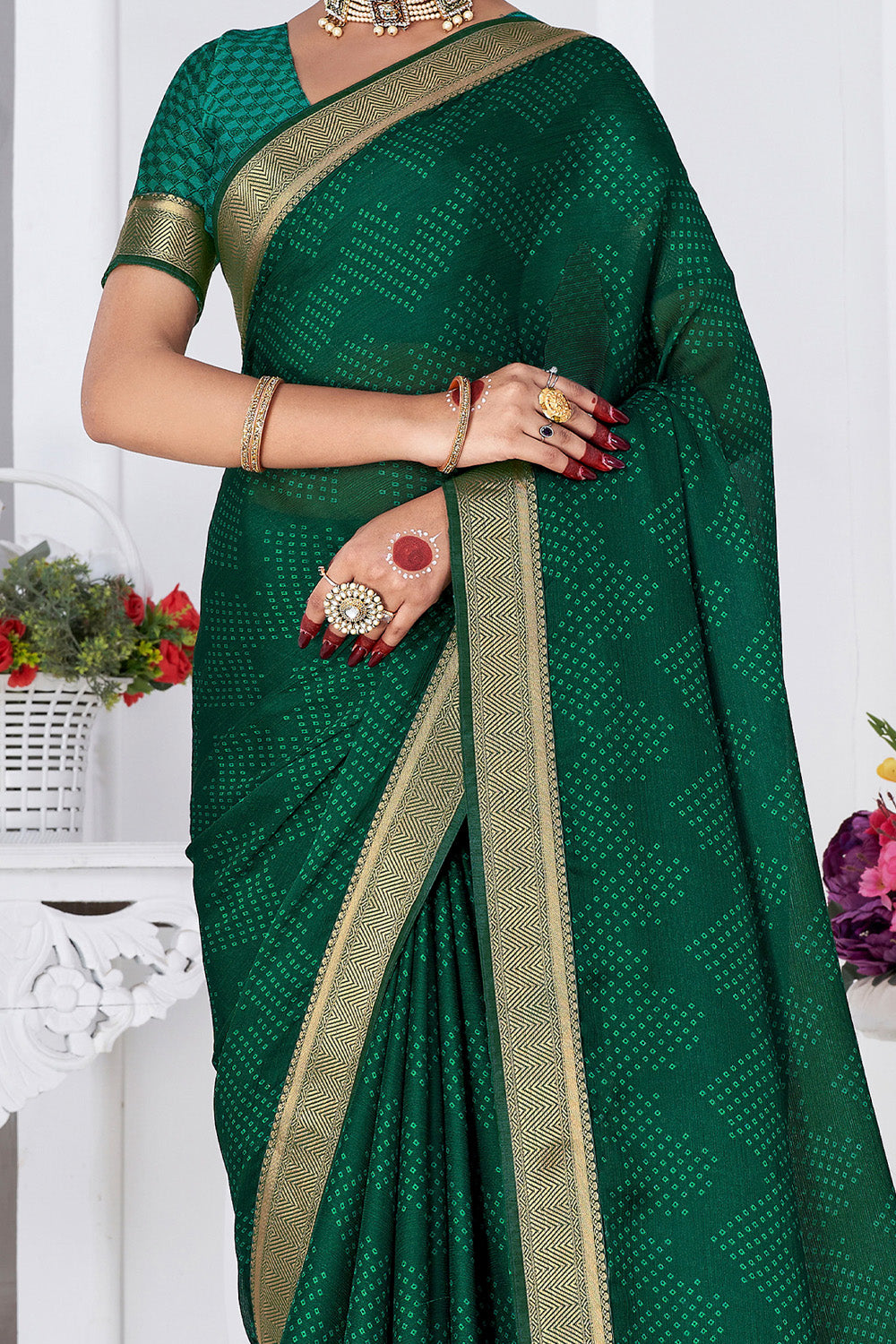 In-Sattva Women's Heritage Moss Chiffon Polka Dot Saree; Moss Green