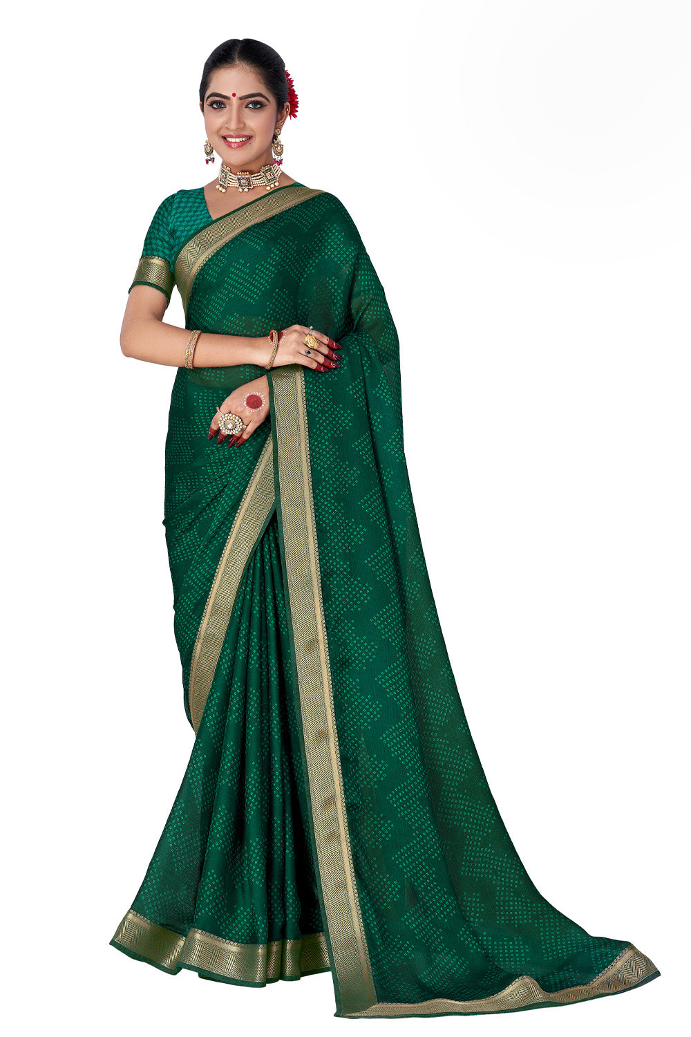 In-Sattva Women's Heritage Moss Chiffon Polka Dot Saree; Moss Green