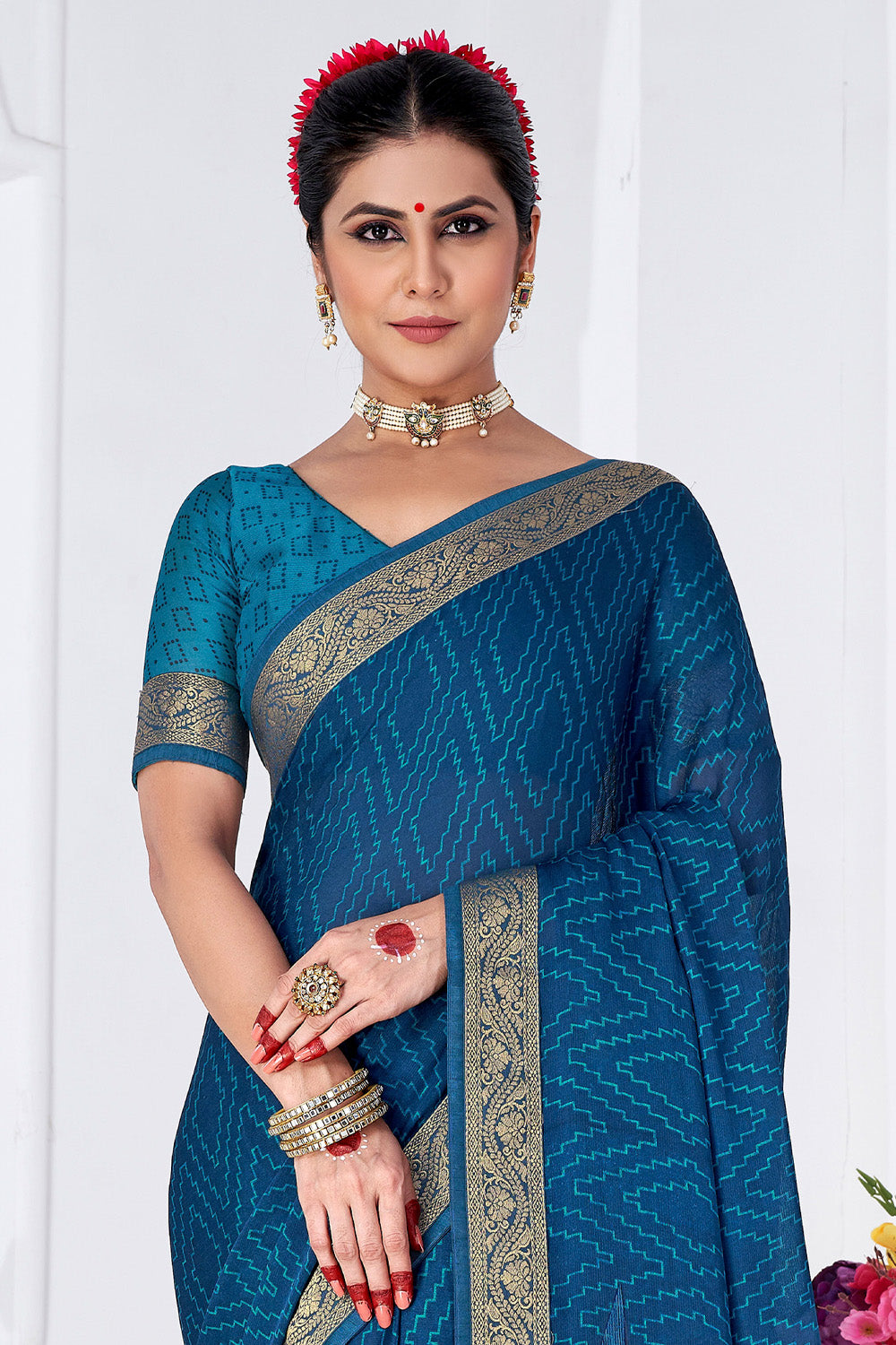 In-Sattva Women's Heritage Moss Chiffon Polka Dot Saree; Admiral Blue